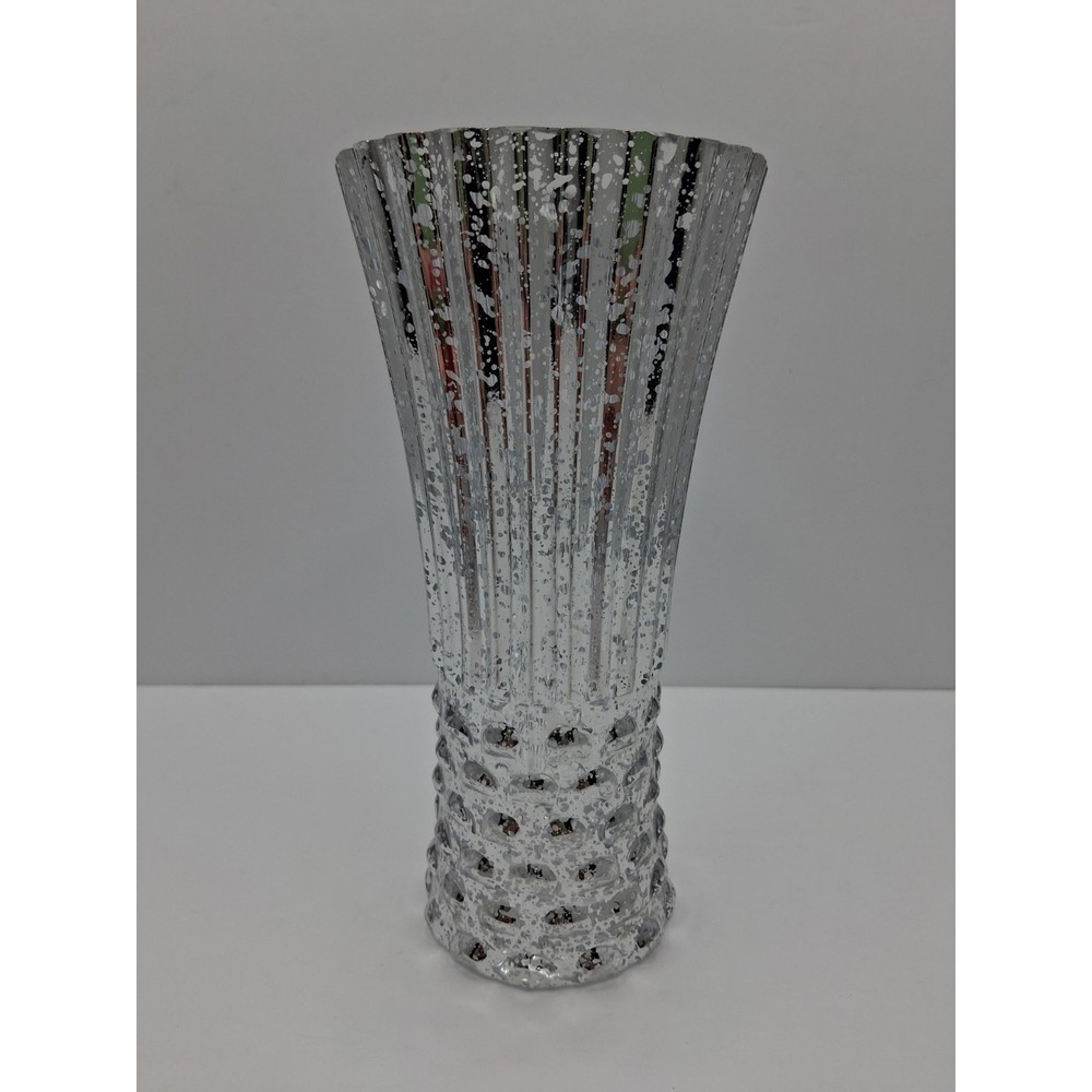 Handmade Art Glass Vase White Splatter Fluted Clear 7" Decorative Modern